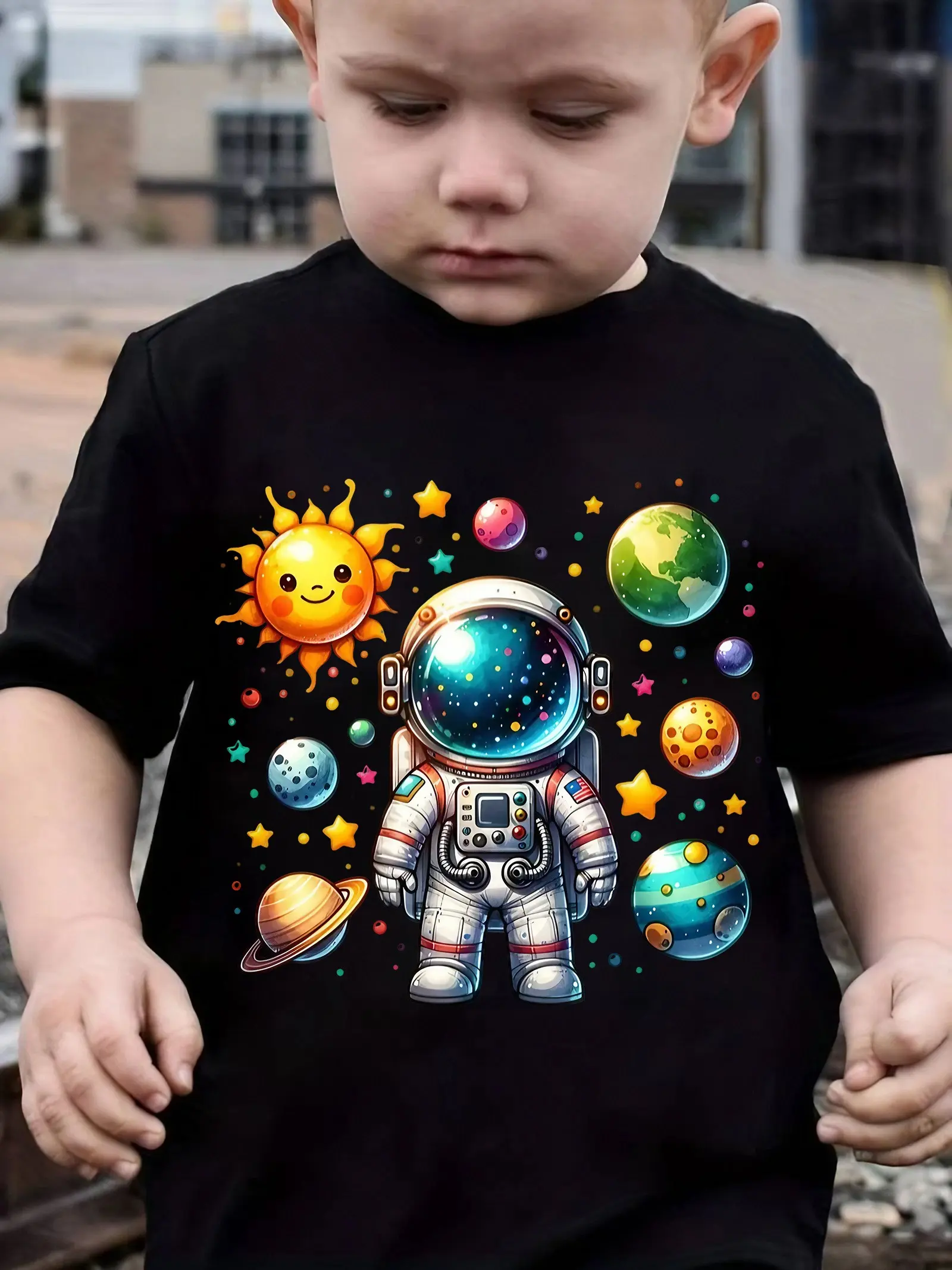 Boys' Cotton Short-Sleeve Crew Neck Graphic Printed Tshirts - Cute Boys' T-Shirts, Kid-Friendly Character-Themed Tops with Cute Astronaut, Solar System Prints for Casual Summer Wear, Graphic Printed Tshirt