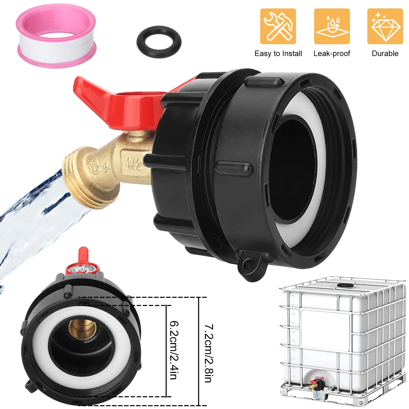 IBC Tote Tank Adapter Set for 275-330 Gal Tanks - 2.44" Fine & 2.36" Coarse Thread to 3/4" Garden Hose Valve Connector, Heavy Duty Brass & PE Fittings, Seal Tape Included, Garden Barrel Tool