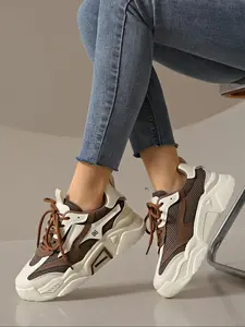 Women's Fashionable Patchwork Lace Up Platform Sneakers, Casual Comfortable Breathable Sports Running Shoes, All-match Round Toe Chunky Sneakers for Daily Wear, Casual Running Footwear