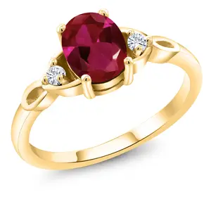 Gem Stone King 18K Yellow Gold Plated Silver Gemstone Birthstone and White Moissanite 3-Stone Ring for Women | Oval 8X6MM with 2MM Round Accents | Three Stone Wedding Anniversary Engagement Promise Ring | Sizes 5-9