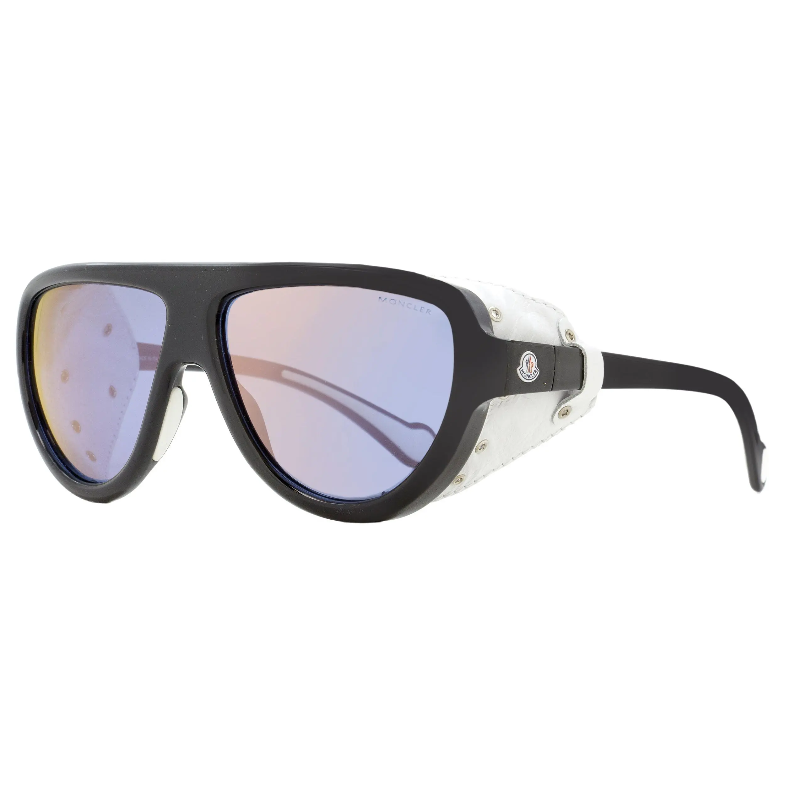 Moncler Shield Sunglasses ML0089 01C, Full Rim, 57mm Black/White Leather Chic Men's Dark Tint Designer-Inspired Sunglasses for Driving/OOTD, Chic Men's Sunglasses
