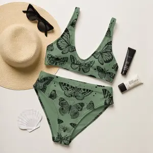 Women High Waist Butterfly Bikini Set Sage Green Vintage Moth Print Loose Comfy Swimsuit Summer Beach Tanning Pool Party Music Festival Two Piece
