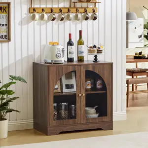 Giratree 29.13" Floor Storage Cabinet, 2 Door Mid-Century Wood Sideboard Buffet Cabinet with Display Arched Acrylic Door Shelve for Bathroom, Living Room, Kitchen, Coofee Bar