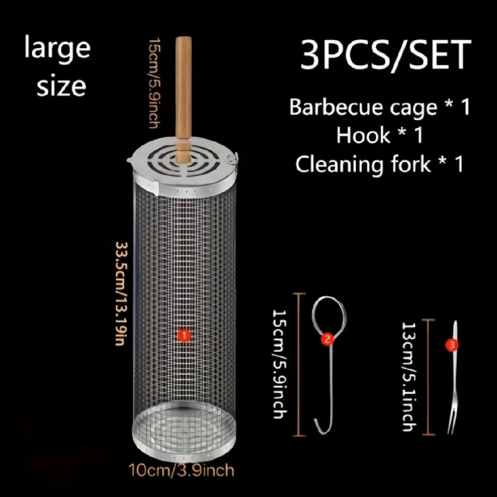 3pcs Set (Grill Rack with Handle X 1 And Hook X 1 And Cleaning Fork X 1), BBQ Cage, Made of 304 Stainless Steel, Anti-Scald Design, Portable Outdoor Barbecue Essentials, Camping Barbecue Additions