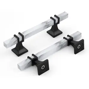 Cabinet Handles Marble Drawer Pulls and Knobs, 10Pack White Marble & Black 3-3/4inch Hole Center, T-Bar Hardware for Kitchen Dresser Zinc Alloy Furniture