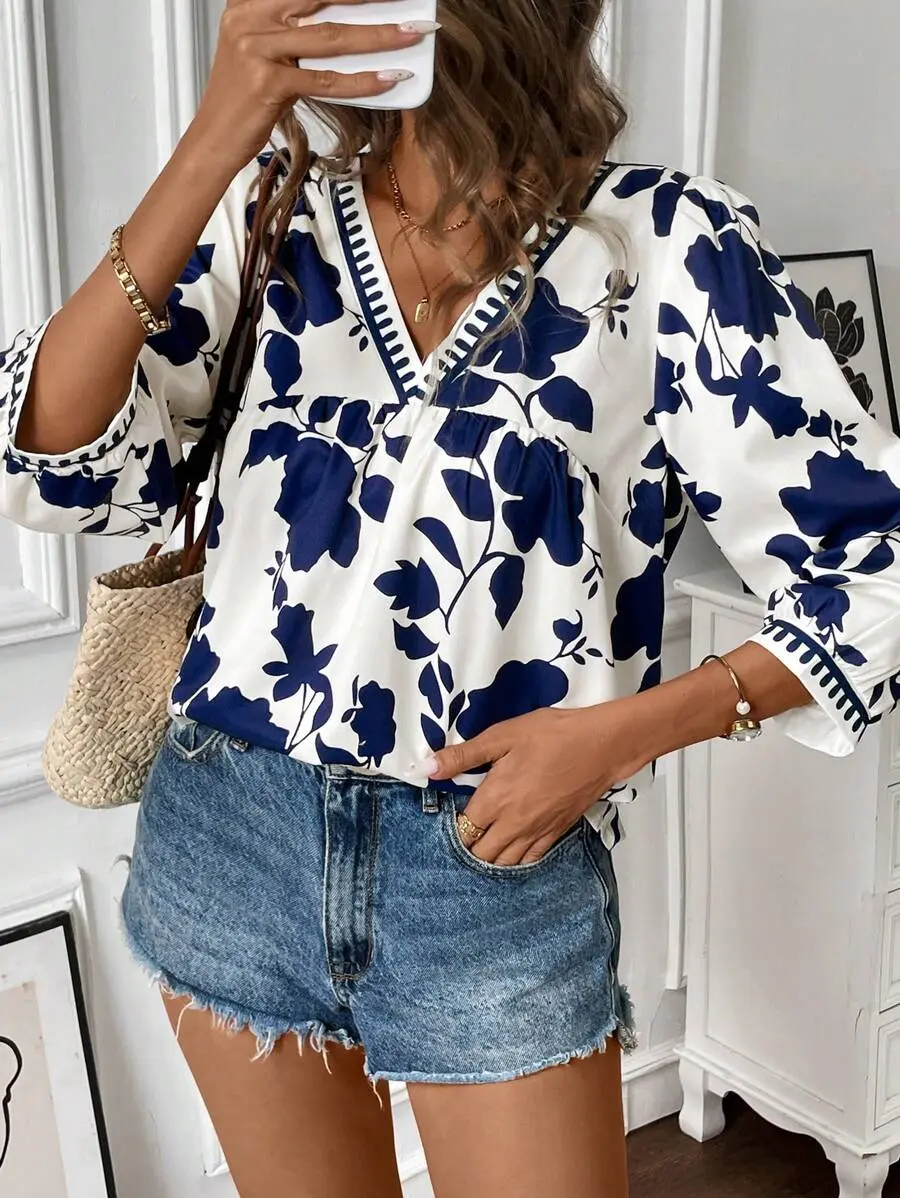 Women's V-Neck Pullover Mid-Length Casual Shirt