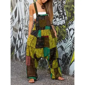 [Patchwork Print Overall Jumpsuit] Patchwork Print Overall Jumpsuit, Vintage Baggy Jumpsuit, Women's Clothing Fabric Womenswear