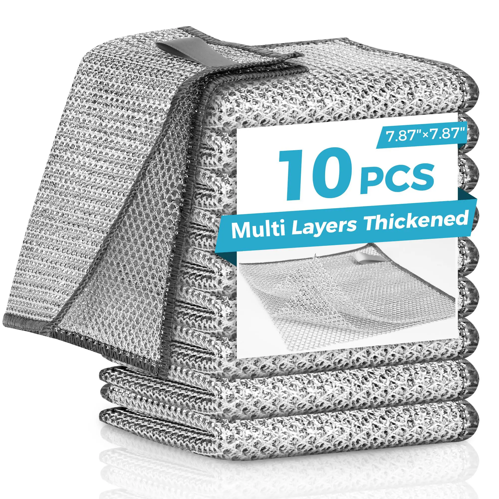 Multipurpose Non-Scratch Wire Dishcloths - 10 Counts Double Layer Reusable Cleaning Cloths for Sinks Pans & Dishes Washable Durable 7.87"x7.87" Multi Layers Thickened