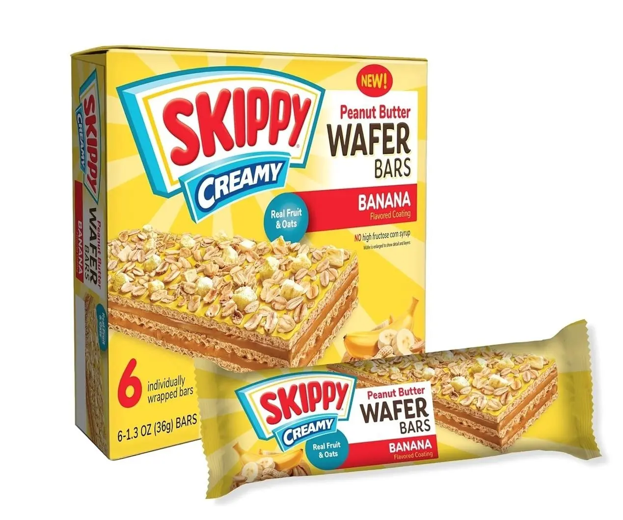 SKIPPY Creamy Peanut Butter Wafer Bars, Banana Flavor with Real Fruit & Oats, 6 Individually Wrapped Bars (7.8 oz Box)