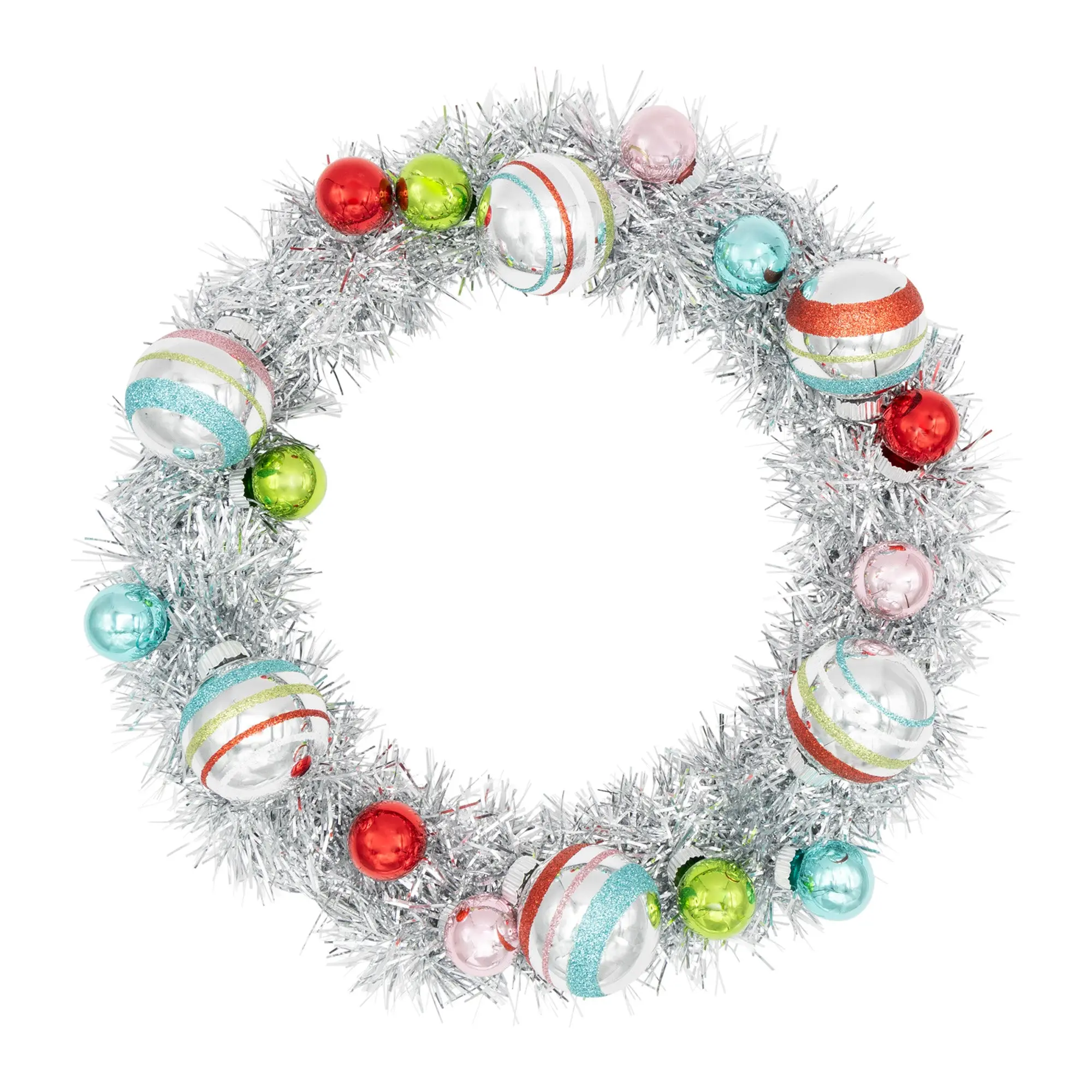 Shiny Retro Silver Tinsel Wreath Decor with 1in and 1.75in Glass Ornaments, Festive Party Home Decoration