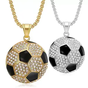 Rhinestone Soccer Ball Pendant Necklace, Crystal Football Charm Alloy Chain, Trendy Sporty Jewelry for Women Men