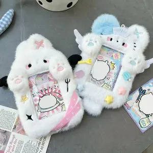 Cute Plush Kpop Photocard Holder with Keychain Cartoon Rabbit Idol Photo Sleeves ID Bank Credit Card Case Protector Bag Pendant
