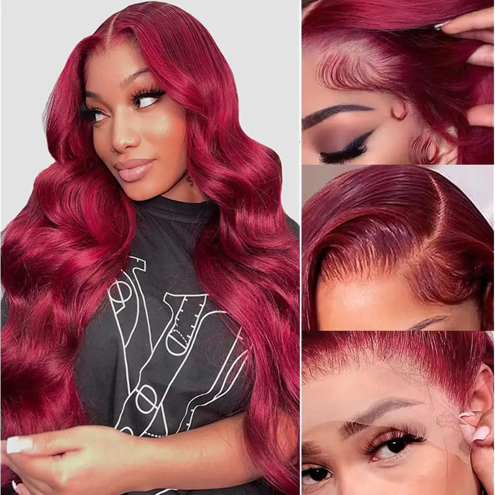 【SUPER DEAL】99J Burgundy Red Body Wave Human Hair Wig HD 13x4 Lace Front Wig Pre Plucked Hairline Melt Lace Baby Hair Natural Wave Wig For Women 180 Density Full Lace Frontal Wig Hair For Women