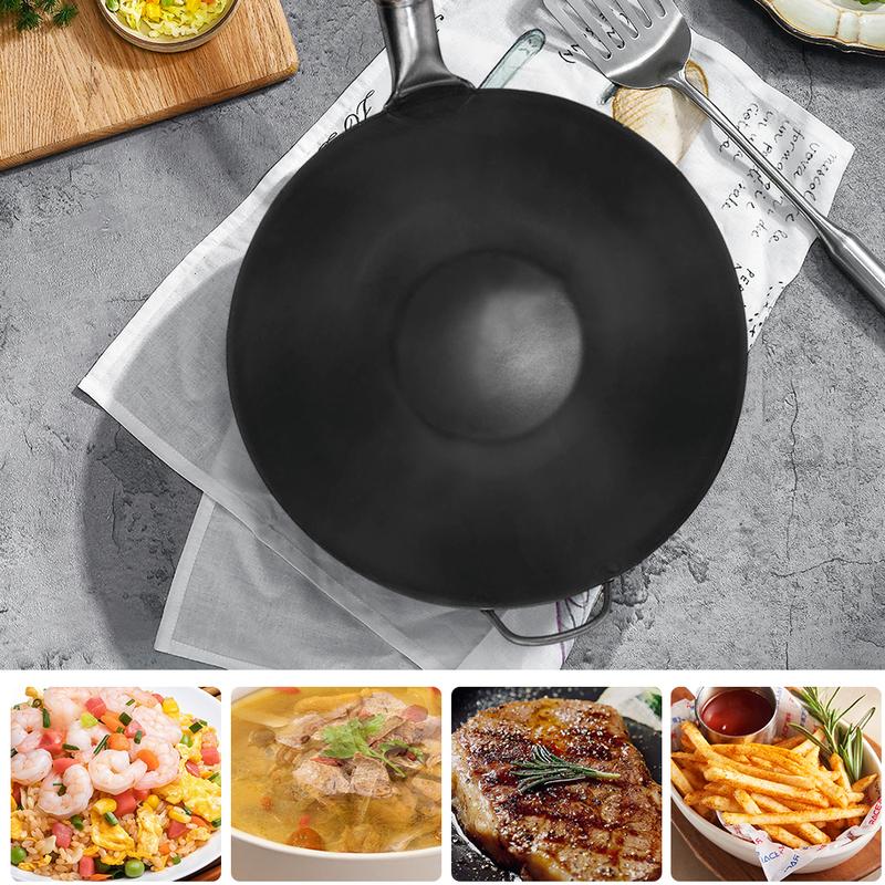 Wooden Handle Iron Wok-Non Stick, Multi-purpose Kitchen Flat Bottomed Pan, Suitable For Gas Stove And Induction Cooker Cooking, Black Finish, Perfect For Deep Frying, Stir Frying, And Cooking