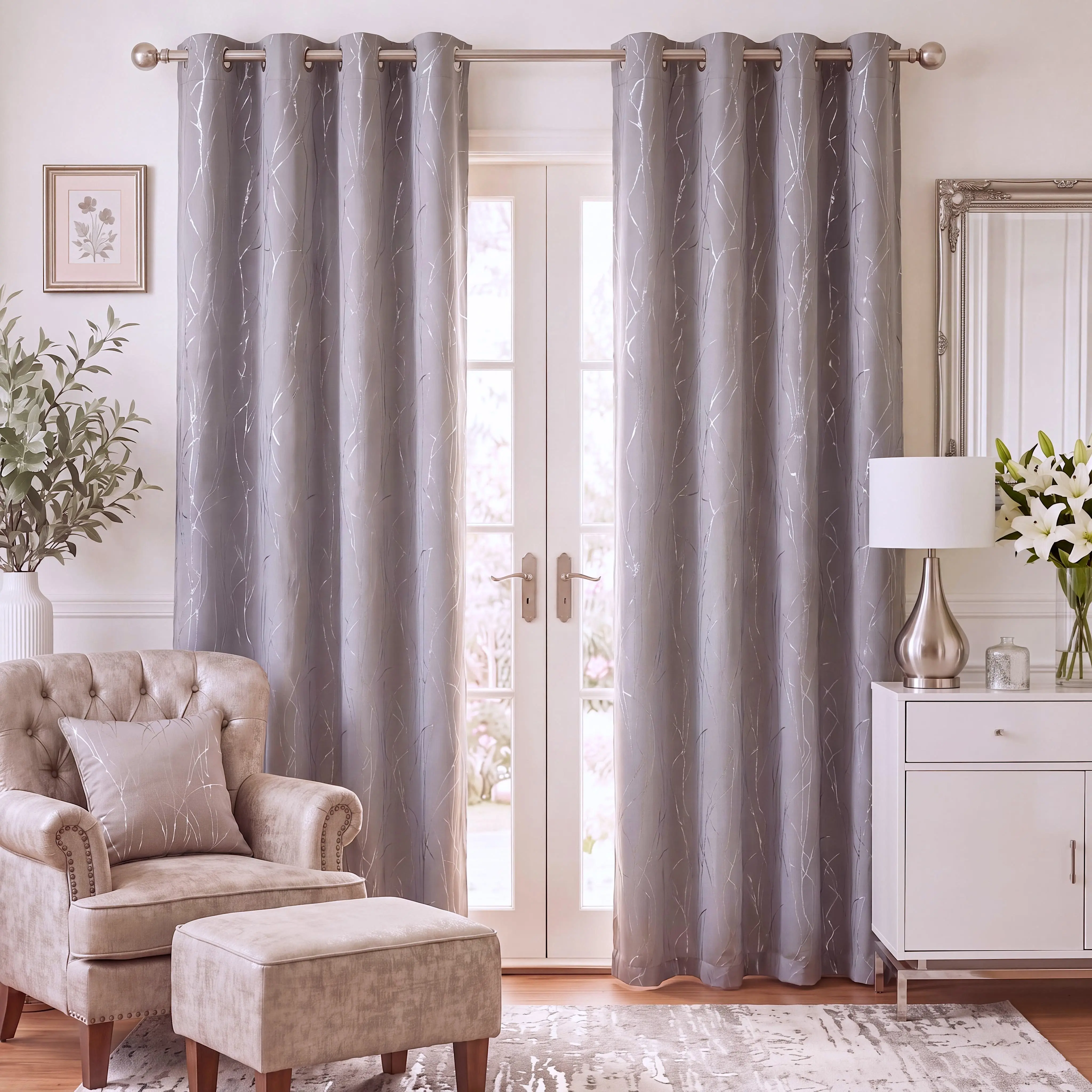 Blackout Curtains for Bedroom 2 Panels Set 52x84 Inch, Silver Metallic Foil Twig Tree Branch Print Flat Weave Drapes, Thermal Insulated Noise Reducing Room Darkening Fade Resistant Grommet Window Treatments, Modern Glam Decor for Living Room QF900