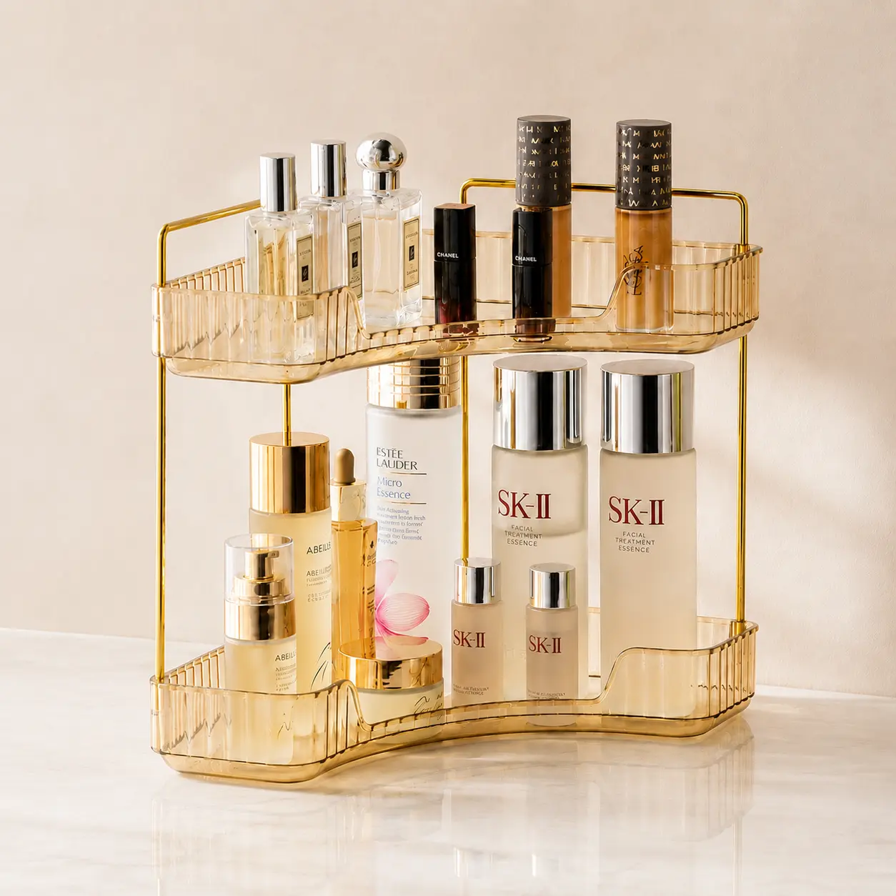 Glam 2-Tier Metal Frame Acrylic Corner Organizer, Large-Capacity Vanity Storage Rack for Perfume, Skincare & Cosmetics, Tableware Rest Suitable for Bathroom Countertop & Dresser