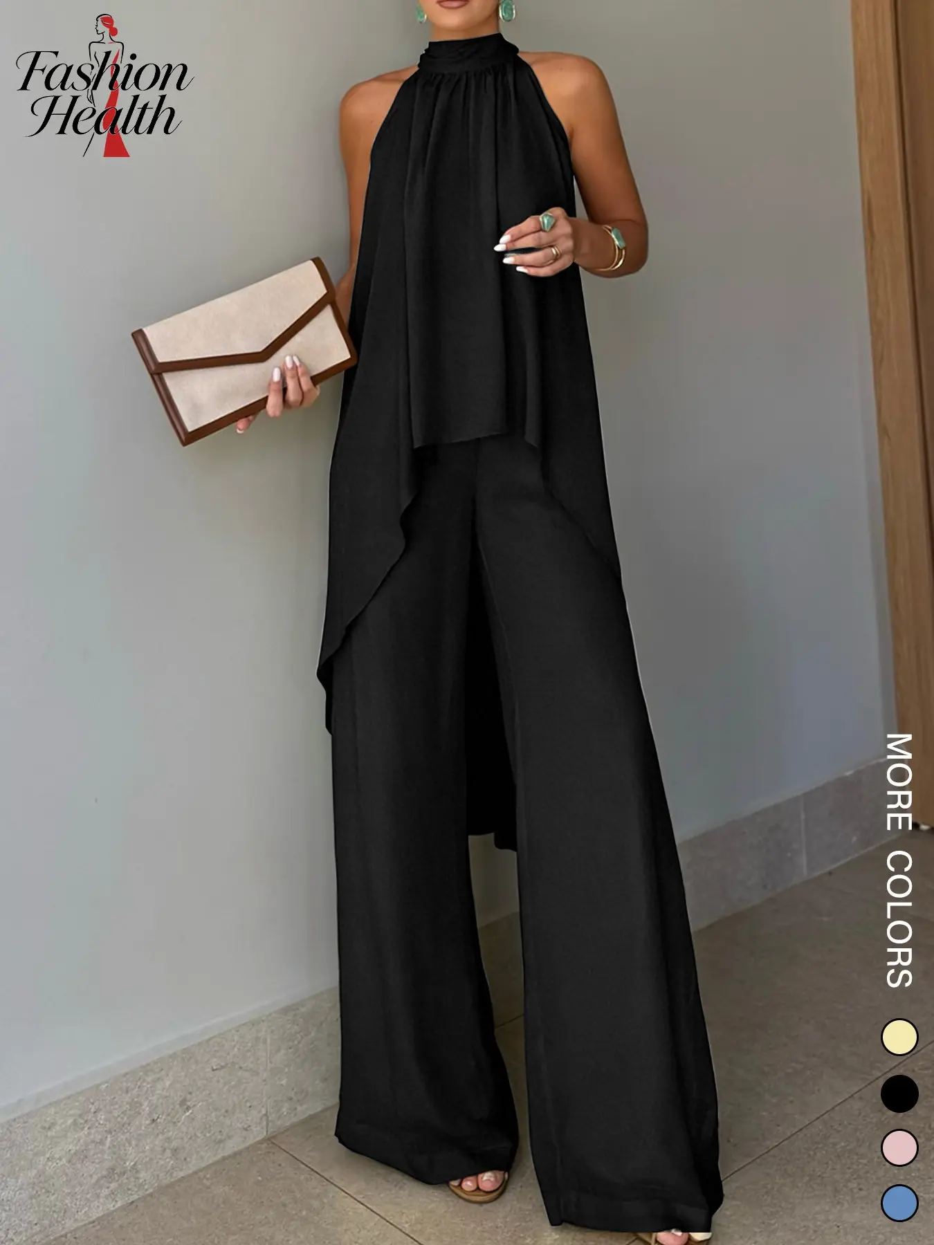 2026 Spring Summer European Style Fashion Casual Minimalist Asymmetrical Sleeveless Pure Color Womenswear Pants Set, Elegant Halter Neck Lightweight Fairy Wind Women's Slim Fit Backless Top