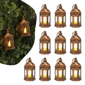 12-Piece Decorative Candle Lantern Set With Flameless LED Candles, Glass Panels And Plastic LED Holders, Wall Hanging Or Tabletop Indoor Lanterns For Weddings, Parties, Farmhouse Decor, Bronze Finish, Battery Powered