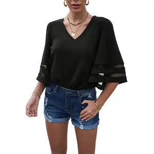 luvamia Blouse Top Women's Casual V Neck Blouse 3/4 Bell Sleeve Mesh Panel Shirts Loose Womenswear Comfort Basic Minimalist