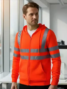 Men's Reflective Striped Hooded Work Sweatshirt| Fleece-Lined Windproof Zip-Up for Outdoor, Construction & Night Safety (High-Vis Thermal Pullover)