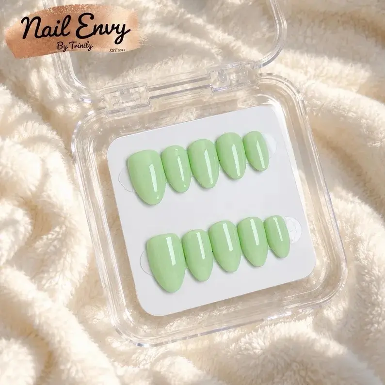 Pastel Mint Green Almond Press On Nails | Glossy Solid Color Reusable False Nails