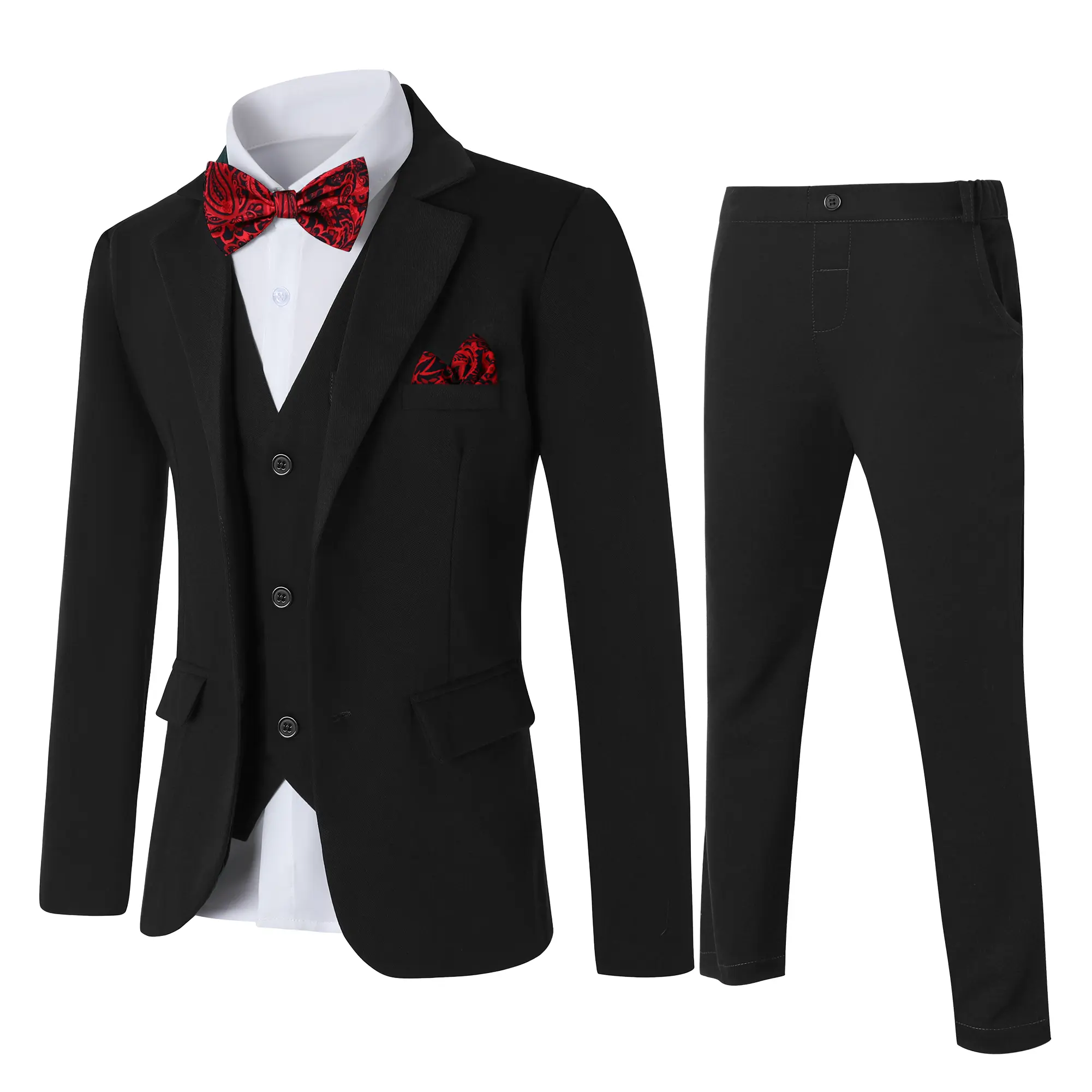 Boy Suit 6 Pcs Boy Formal Suits Formal  Vest,Pants, Dress Shirt,Kerchief and Bow Tie 5pcs set for Formal Church Party Occasions 6-10 Years Slim Fit Tuxedo Suit Set