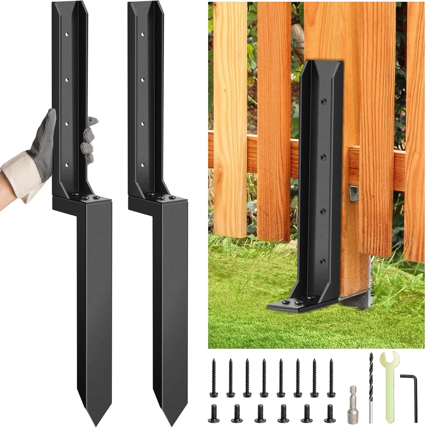 2-set Electrophoretic Garden Fence Post Repair Kit - Heavy-Duty 32 Inch Triangular Outdoor Ground Stakes Anchor, Fence Support for Tilted or Broken Wood Supports in Courtyards