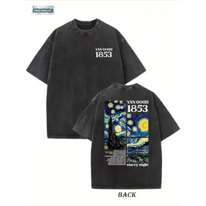 Vintage Creative Pattern "Van Gogh 1853" Men's Retro Streetwear Basic T-Shirt, Loose Hip-Hop and Androgynous Top, Washed Cotton Short-Sleeved Round-Neck T-Shirt, Summer Outdoor Men's Clothing.