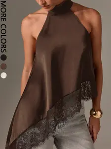 1 Piece Women's Black Satin Halter Top, Asymmetric Lace Hem, Flowy Fit for Romantic Evening Outfits