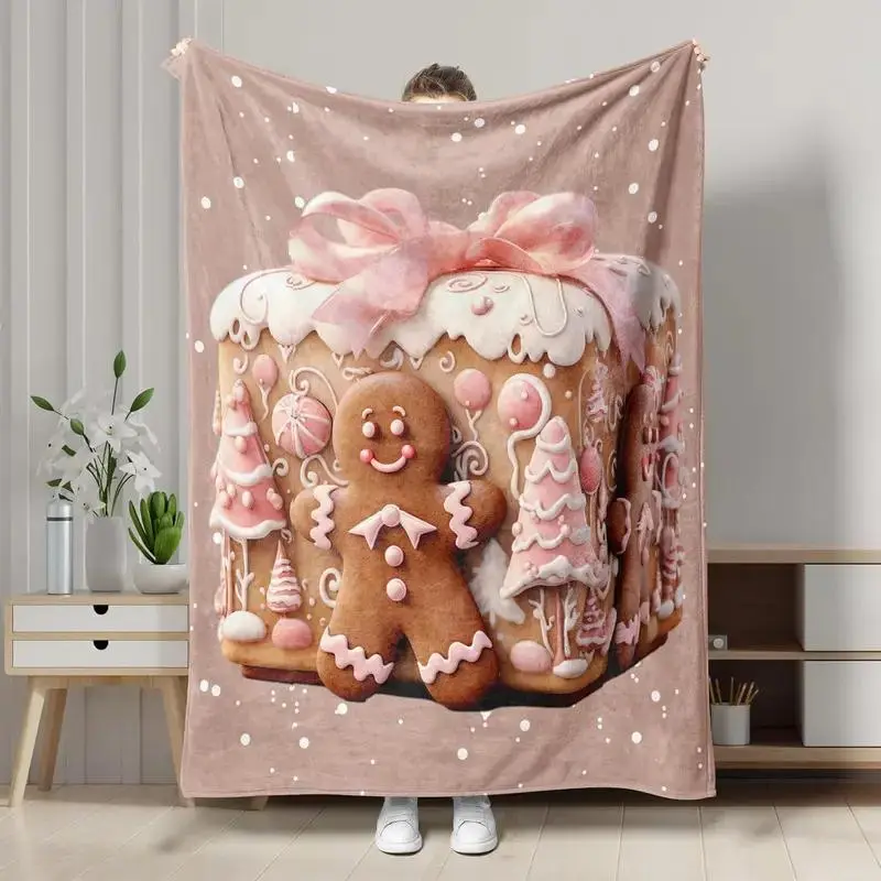 Sanwfall Christmas Throw Blanket Gingerbread Man Box Cartoon Pink Soft Flannel Indoor Decorations Comfort Blankets for Healing Living Room Bedroom Fluffy Pink Christmas Decor Christmas Bedding Festive Cheer warm beautiful flannel