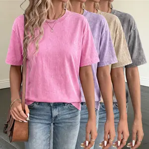 Pack of 4 American vintage washed distressed crew neck short sleeve T-shirts for women, loose casual versatile basic tops