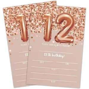 12th Birthday Invitation Cards, Rose Gold Glitter 12th Birthday Party Invites, Kids Happy Birthday Party Decorations Supplies, 20 Fill-in Cards with Envelopes for Boys or Girls Party Celebration - C04