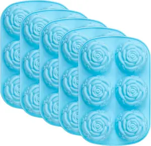 Rose Molds 5 Packs, 6-Cavity Non Stick Rose Flower Ice Cube Mold for Candy, Soap, Cupcake, Jelly, , Blue