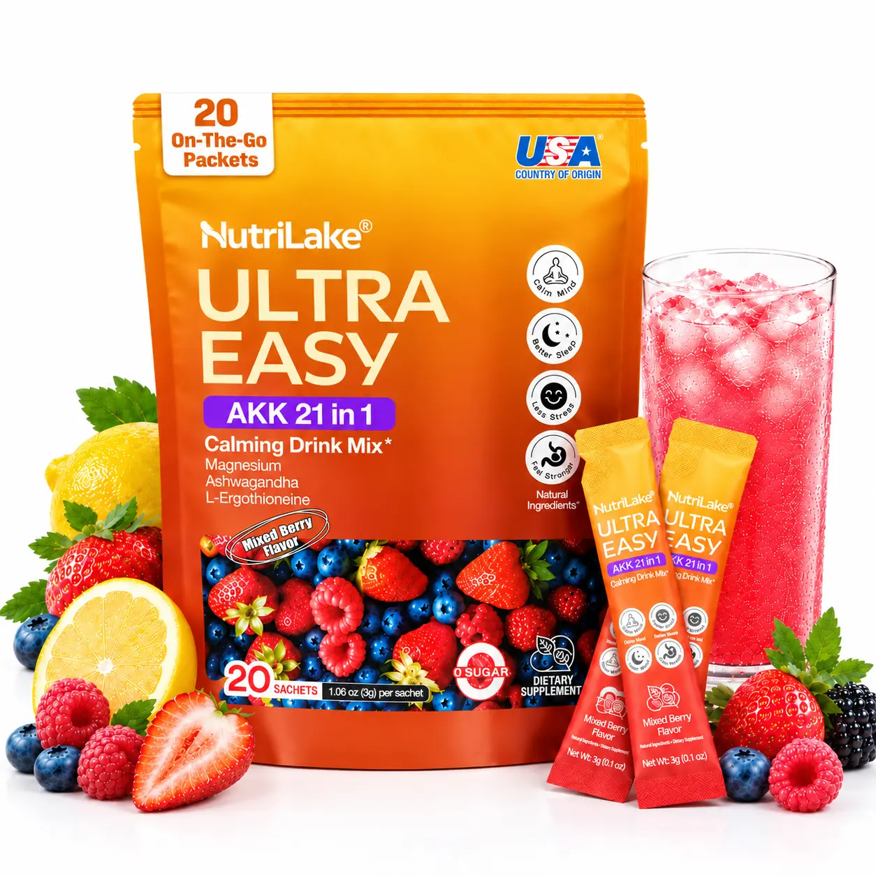 NutriLake Ultra Easy Calming Sparking with 21-in-1 AKK Probiotic Complex Magnesium Powder Supplement with Ashwagandha & L-Ergothioneine,Balance Cortisol  Mood & Sleep Support,Enzyme Complex,Sugar-Free Mixed Berry Flavor, 20 On-the-Go Sachets