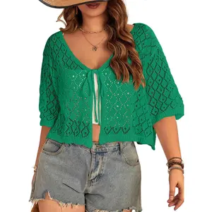 Plus Size Crochet Cardigan Crop Short Sleeves Tie Front Lightweight Knitwear