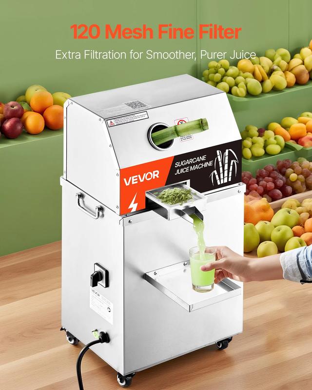 VEVOR Commercial Sugar Cane Juicer, TikTokShopBlackFriday, 800W Electric Sugarcane Juicer Machine with 661LBS/H High Output, 3 Stainless Steel Rollers, Sugar Cane Press Juice Extractor Squeezer on Wheels for Home/Commercial