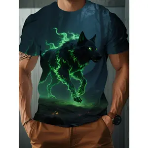 Men's Fluorescent Green Wolf & Mysterious Forest T-Shirt - Full-Body Wolf Print Short Sleeve Round Neck Breathable Top, Suitable for Summer Streetwear, Night Outfits, Machine Washable Casual Shirt with Wolf Design