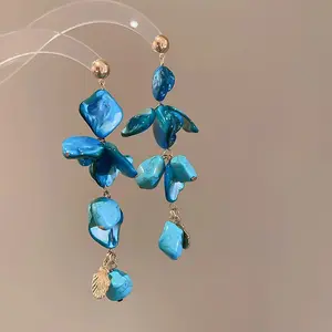 Bohemian blue shell tassel earrings for women, seaside vacation style, light luxury long earrings, elegant and exquisite ear accessories