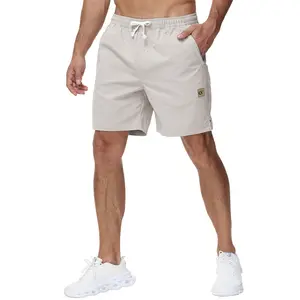 Men's 7" Zipper Pockets Cargo Shorts - 100% Polyester Woven Summer Shorts for Men, Breathable Athletic Shorts, 3-Pocket Outdoor Workout Shorts Plain Beige