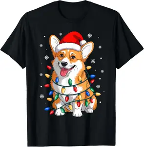 Corgi Dog Christmas Lights Santa Hat Family Xmas Pajamas T-Shirt Pure Cotton Graphic Tees Menswear Top: Gifts for Men & Women