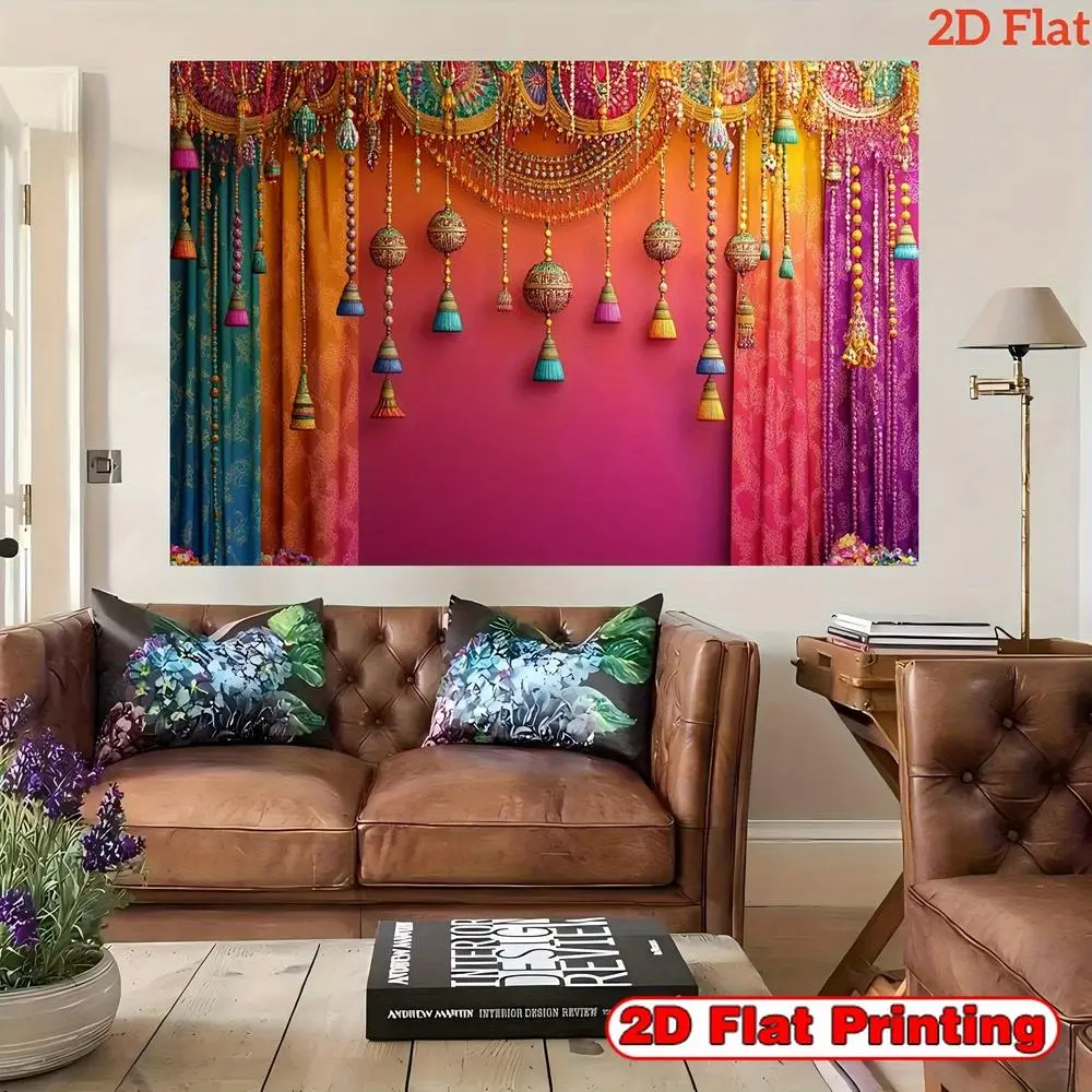 1pc 2D Flat Indian Party Banner - Traditional Indian Decoration with Purple, Blue, Golden, Pink, Orange, Teal - No Electricity Needed, Easy Hang Flat Backdrop for Weddings, Diwali, Photo Boot Ornaments White