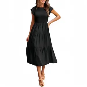 Summer Smocked Tiered Midi Dress Women Casual Ruffle Sleeve Flowy Swing A Line Long Dresses Vacation Casual Flowy outfits