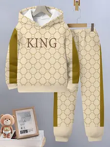 Boys' Plaid Letter Hoodie Set, Cool King Print Sweatshirt & Drawstring Pants Two-Piece, Casual Spring & Fall Kids Clothing