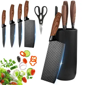 6pcs Kitchen Knife Set with Universal Knife Block - Chef's Knife, Slicing Knife, Scraper, Scissors High Carbon Stainless Steel with Ultra-Sharp Blades, Non-Stick Ergonomic Wooden Handles - Ideal for Home, Chef Gift#fathersdaygift