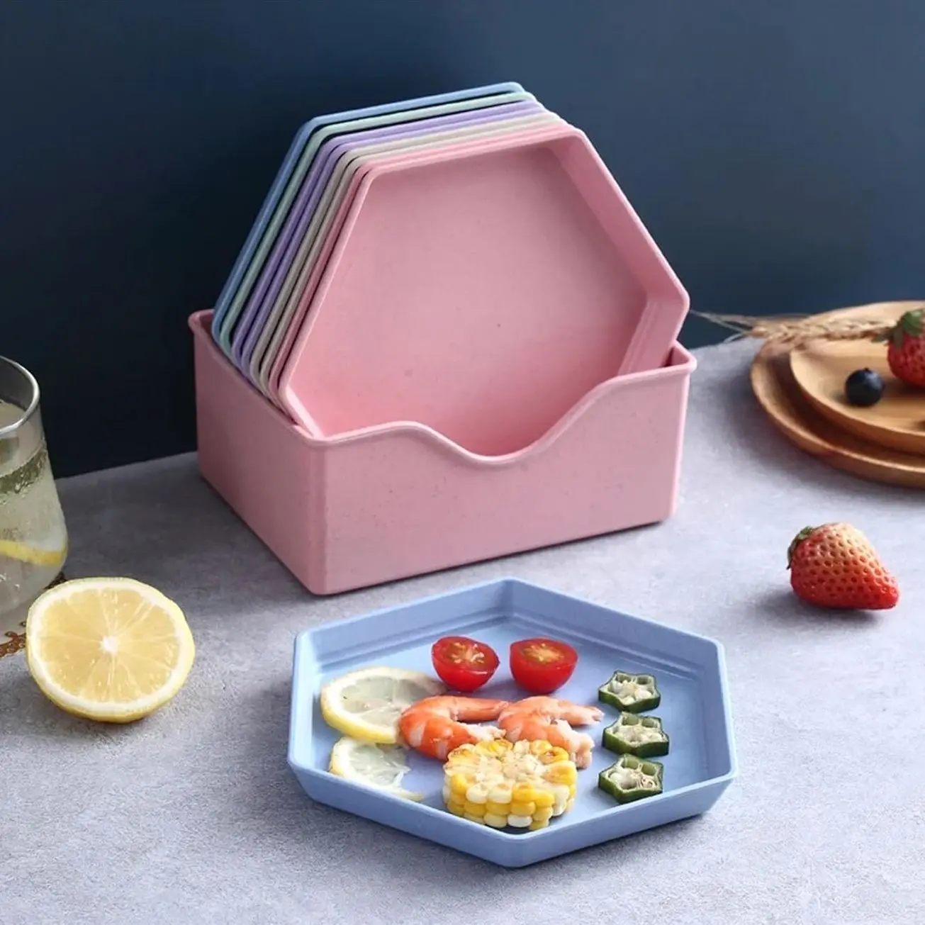 10 Pcs Wheat Straw Plates, 5.5-inch Square Lightweight Unbreakable Dinner Dishes Plates Set, Fruit Dish, Side Dish Plate, Home Storage Plate (Hexagonl)