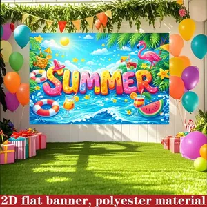 2D Flat 1pc Summer Beach Themed Backdrop Banner, Flamingo Palm Tree Watermelon Photography Background, Ideal for Summer Pool Party, Hawaiian Themed Event, Beach Celebration, Photo Booth Decor, Multiple Sizes Available