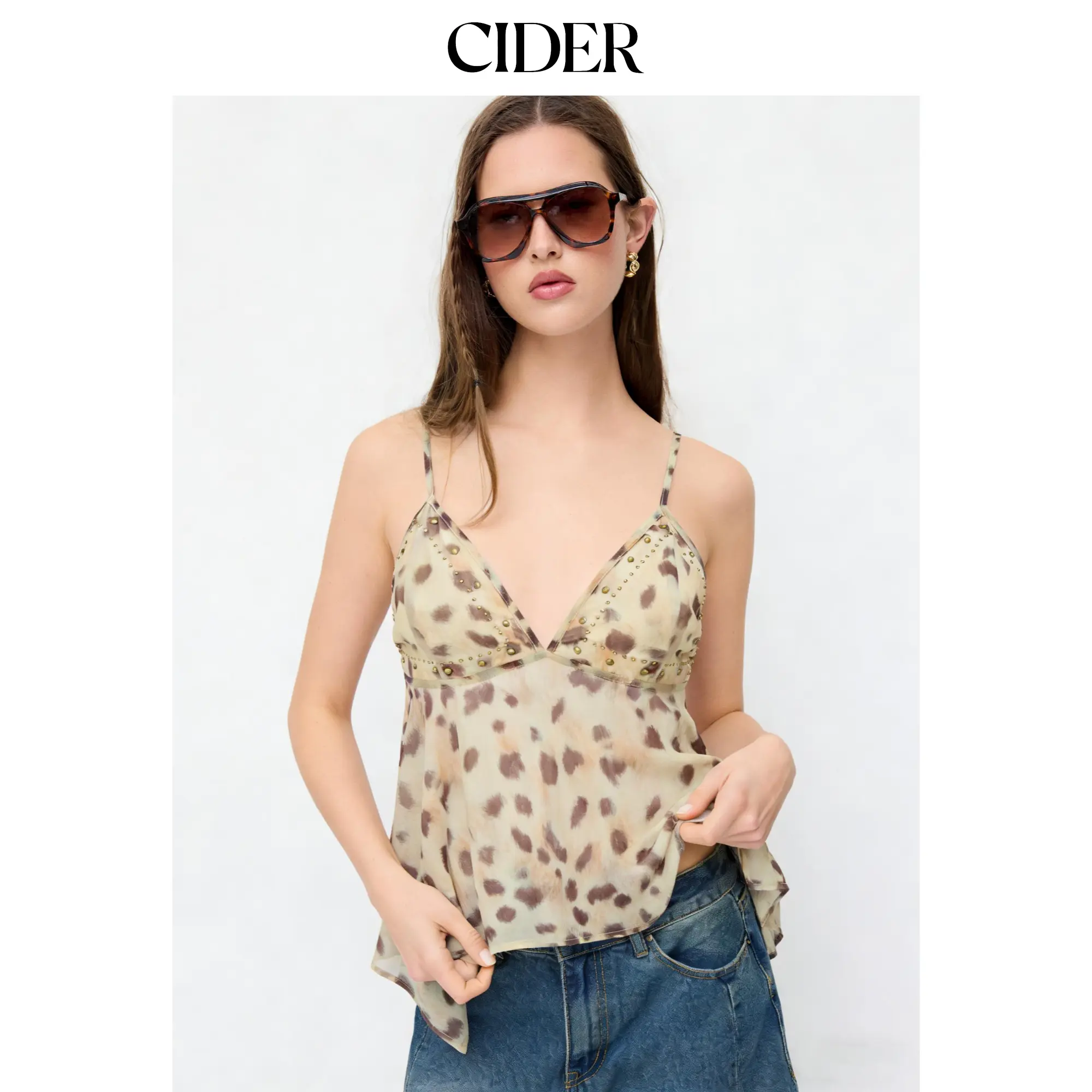 Cider Chiffon Leopard V-Neck Asymmetrical Hem Rhinestone Embellished Oversized Cami Top, Sleeveless, Women, Fashion, Non Stretch, Rhinestones, Sexy, Blouse, Short, Leopard Print, Oversize Cami, Medium Length, Loose-Fit Top, Chic Sexy, S