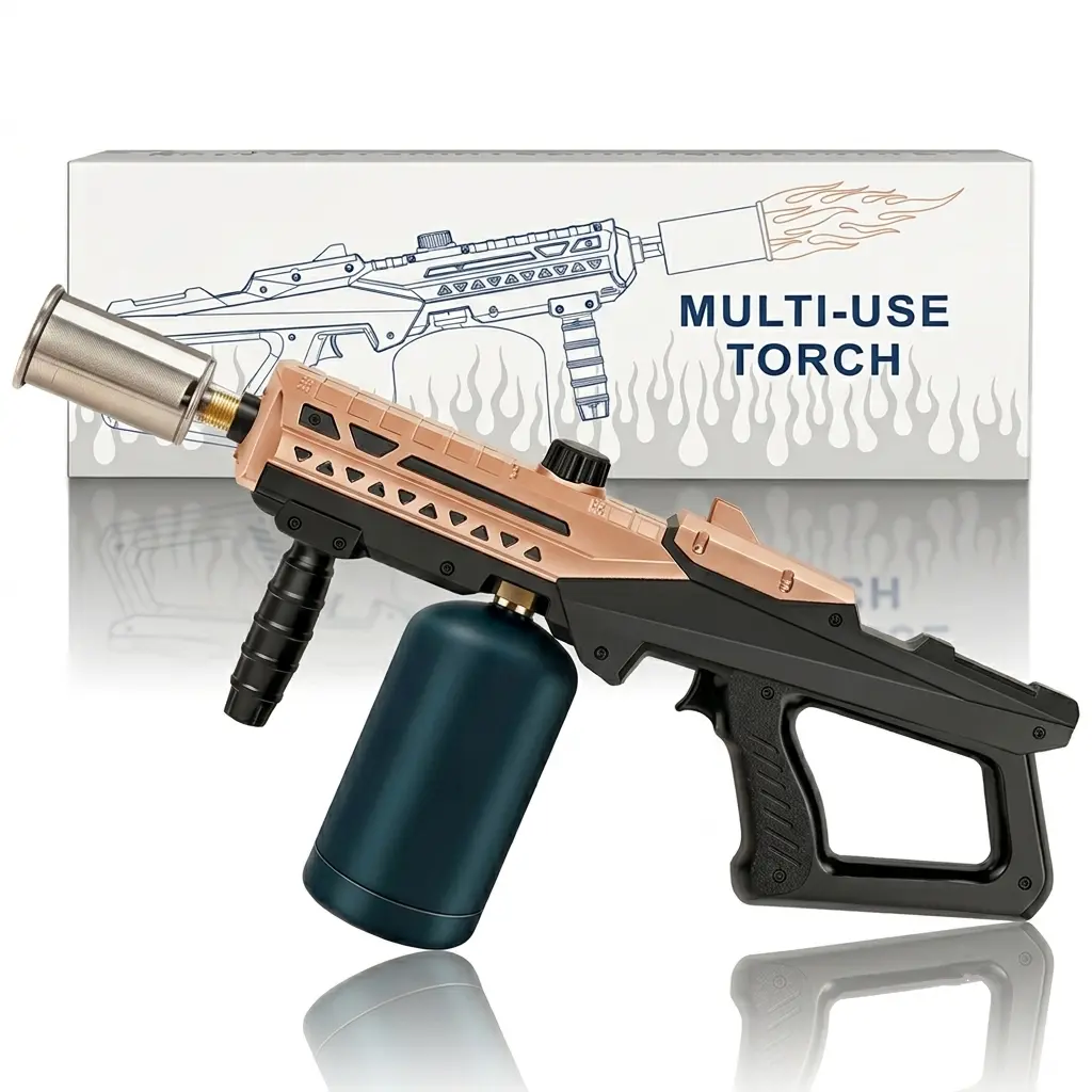 Handheld Propane Torch Gun with Stainless Steel Nozzle, Portable Igniter with Adjustable Flame for Outdoor BBQ, Grilling, and Indoor Kitchen Cooking, Backyard Barbecue, Camping