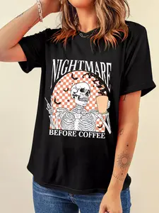 Nightmare Before Coffee" Skeleton Graphic Tee | Relatable Coffee Lover T-Shirt | Retro Spooky Aesthetic Oversized Top | Funny Morning Vibes Streetwear | Unisex Soft Cotton Graphic Shirt