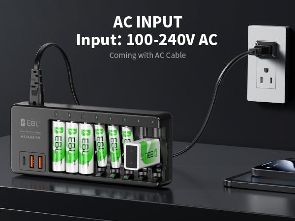EBL AA AAA 9V Individual Battery Charger for AA AAA 9V NiMH NiCD and 9V Li-ion Rechargeable Battery, with 2 USB-A & 1 USB-C Charging Ports EBL AA AAA 9V Individual Battery Charger for AA AAA 9V NiMH NiCD and 9V Li-ion Rechargeable Battery, with 2 USB-A & 1 USB-C Charging Ports